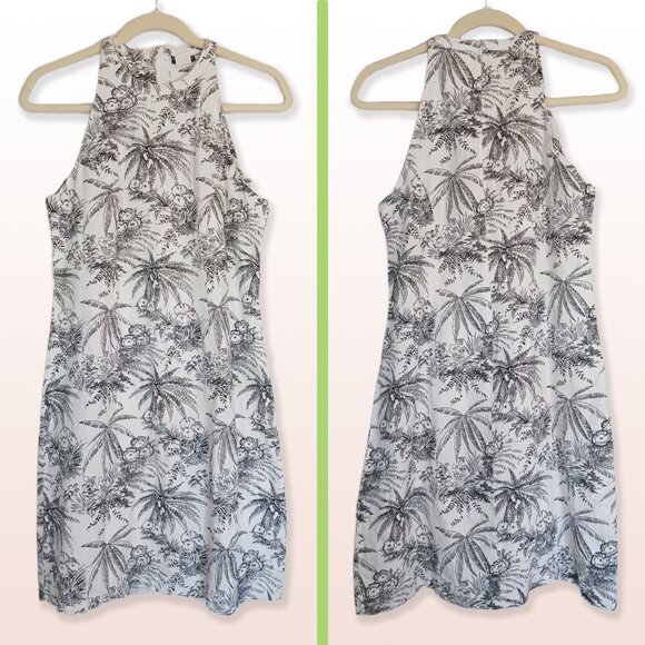Boston Proper Linen Racerback Dress Black Tropical Print over White Size 10 - Picture 1 of 4